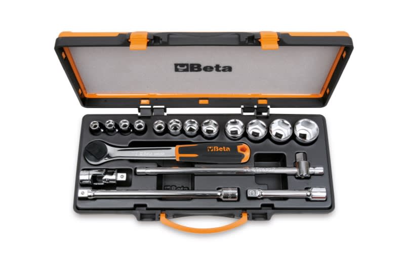 BETA - 12 chiavi a bussola esagonali e 5 accessori in cassetta di lamiera, cassette 17pz esagonali 1/2 a/c12x.