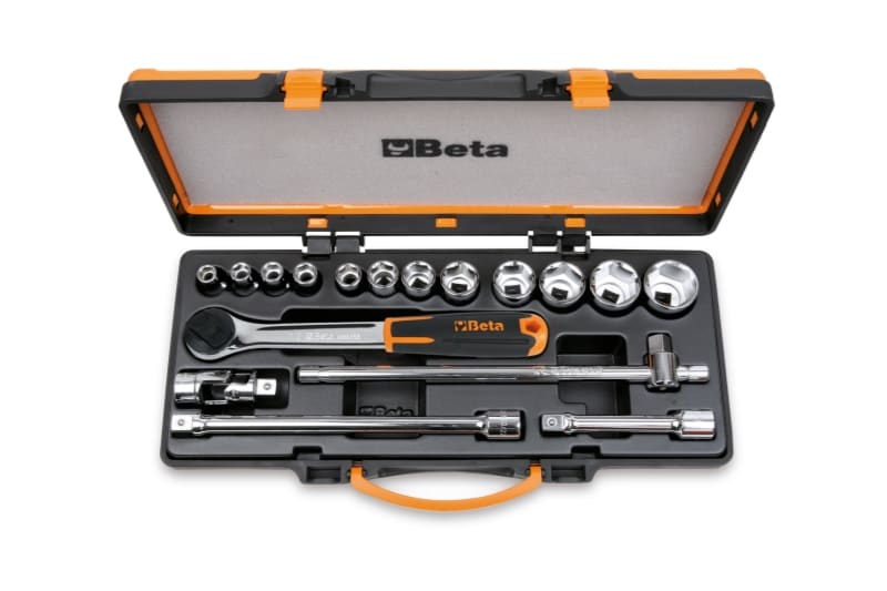 BETA - 12 chiavi a bussola esagonali e 5 accessori in cassetta di lamiera, cassette 17pz poligonali 1/2 b/c12x.