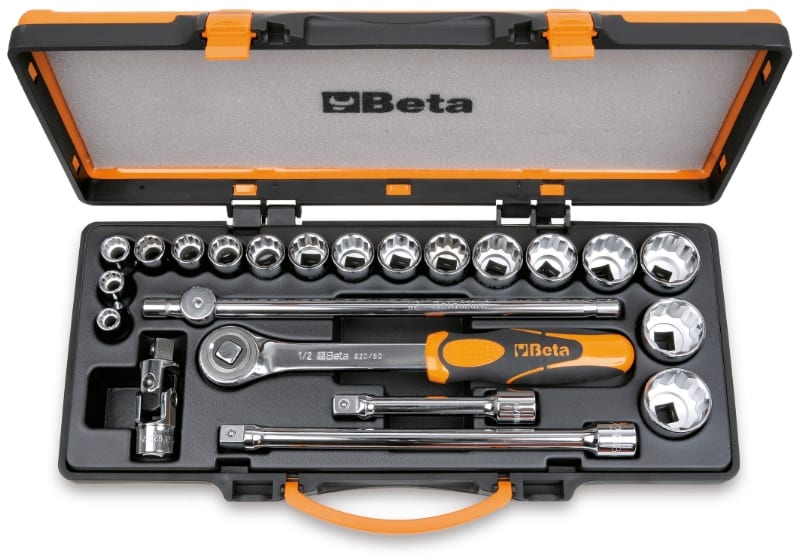 BETA - Assortimento di 17 chiavi a bussola poligonali e 5 accessori in cassetta di lamiera 22pz as poligonali 1/2 asc17x.