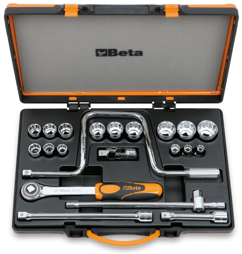 BETA - Assortimento di 15 chiavi a bussola poligonali e 6 accessori in cassetta di lamiera, CASSETTE 21PZ AS POLIGONALI 1/2 AS/C15.