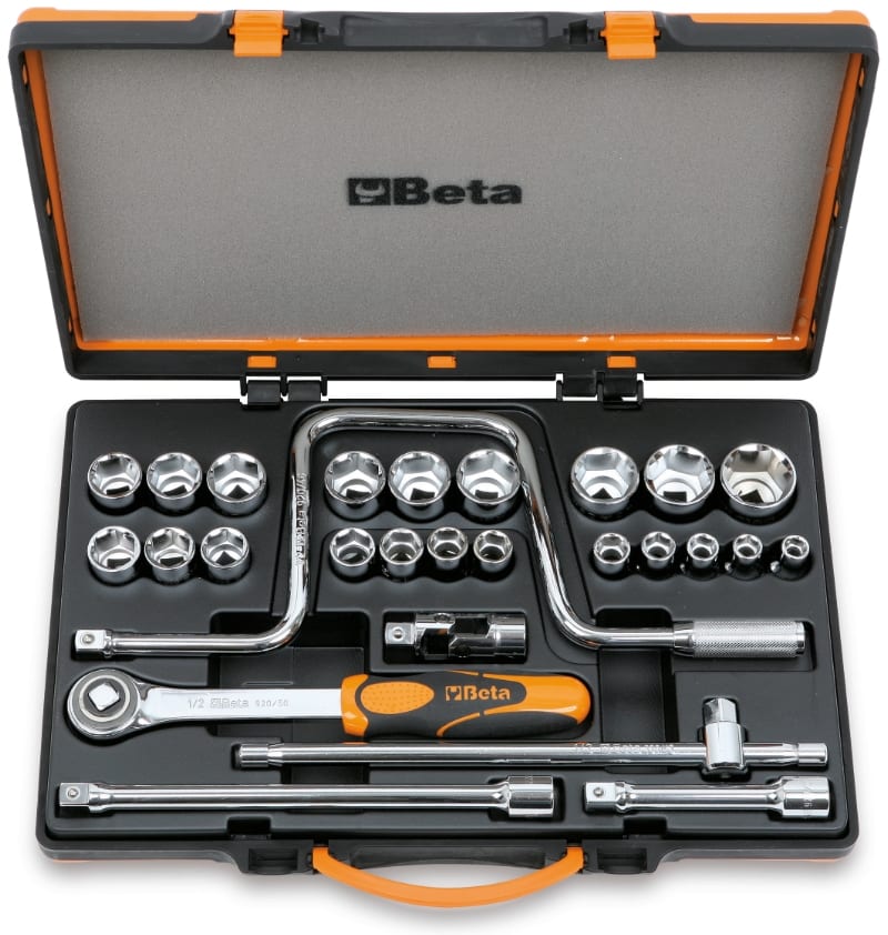 BETA - Assortimento di 21 chiavi a bussola esagonali e 6 accessori in cassetta di lamiera, cassette 27pz esagonali 1/2 a/c21.