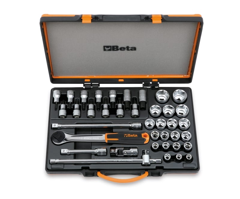 BETA - 20 chiavi a bussola esagonali, 13 a giravite e 5 accessori in cassetta di lamiera CASSETTE 38pz esagonali 1/2 A/C33.