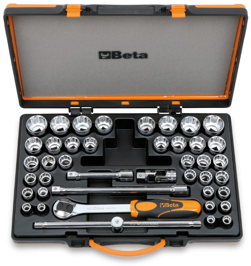 BETA - Assortimento di 42 chiavi a bussola poligonali e accessori in cassetta di lamiera.