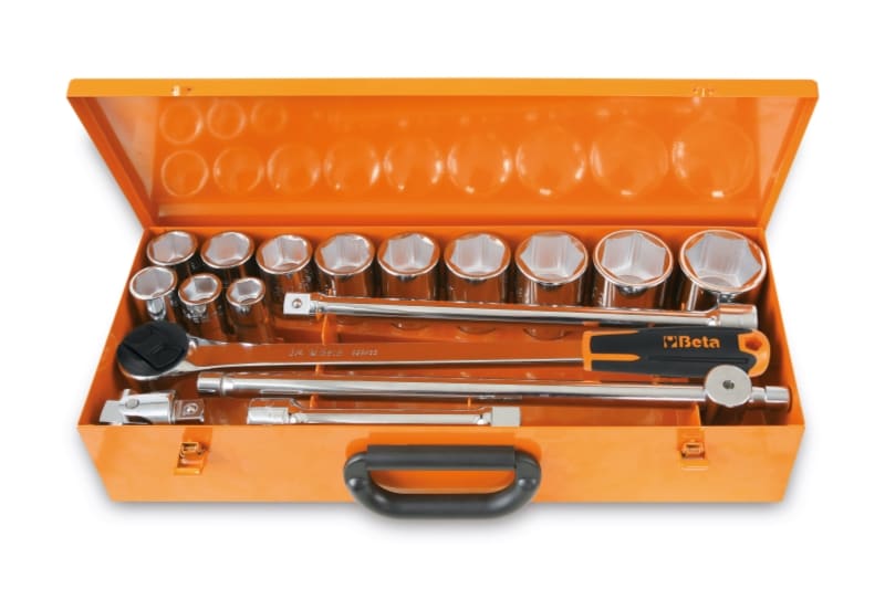 BETA - Assortimento di 12 chiavi a bussola esagonali e 5 accessori in cassetta di lamiera, cassette 17pz esagonali 3/4 a/c12.