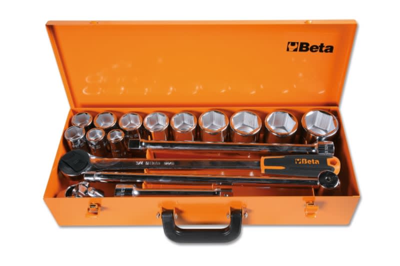 BETA - Assortimento di 12 chiavi a bussola esagonali e 5 accessori in cassetta di lamiera CASSETTE 17PZ ESAGONALI 3/4 AS/C12.