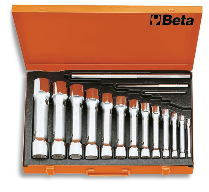 BETA - Serie di 13 chiavi a tubo doppie poligonali serie pesante art. 930 in cassetta, cassette 13pz chiavi a tubo c13.