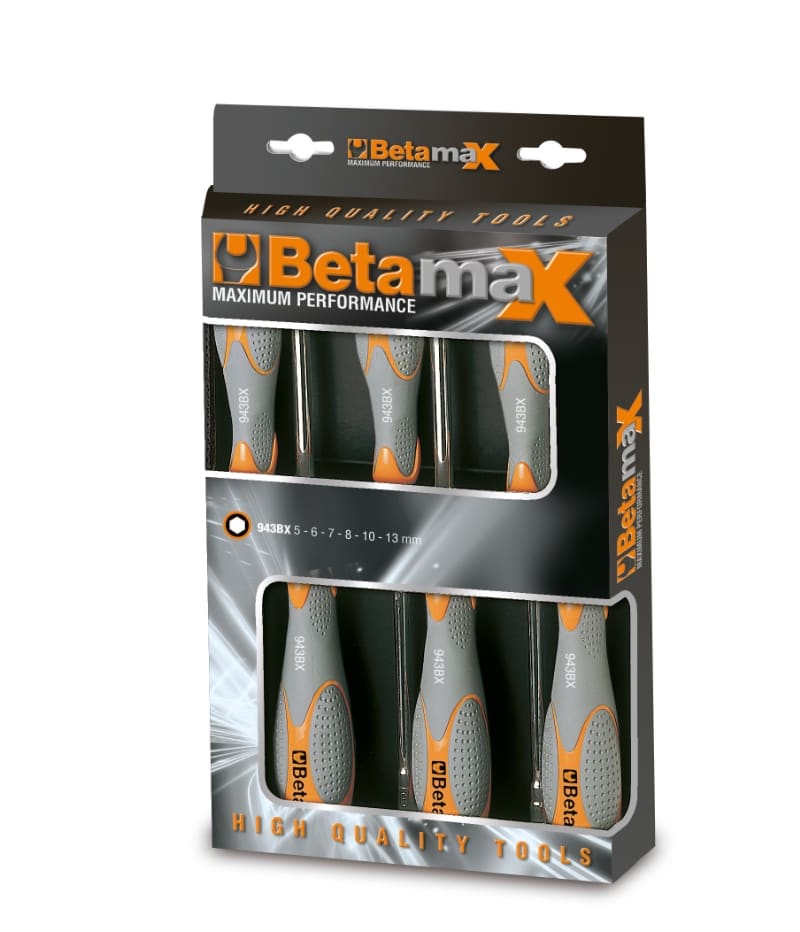 BETA - Serie 6 chiavi bussola esagonale profonda tipo lungo con impugnatura bimateriale BX/D6.