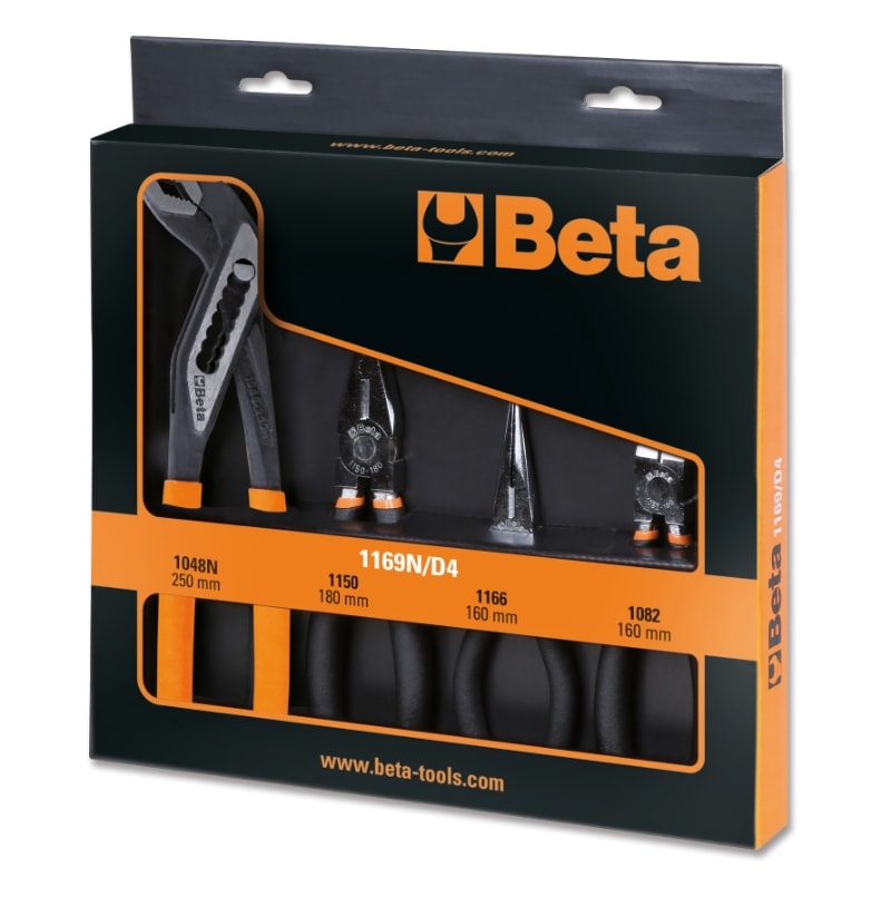 BETA - Assortimento di 1 pinza universale a grande effetto, 1 pinza becchi mezzotondi lunghi, 1 tronchese cromato e 1 pinza a cerniera chiusa fosfatata. ASSORTIM. PINZE-TRONCHESE 4PZ 1169N /D4.