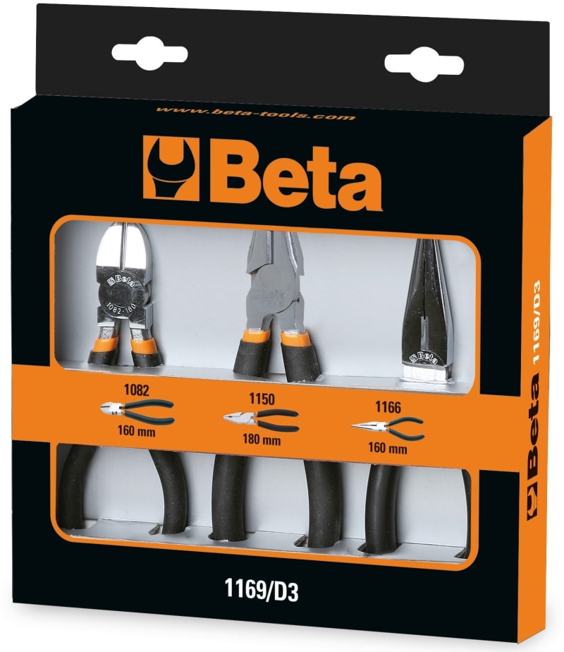 BETA - Assortimento di 1 pinza universale, 1 pinza becchi mezzotondi lunghi e 1 tronchese con 2 strati di PVC antiscivolo cromati ASSORTIMENTI 2PINZE+1TRONCHESE/D3.
