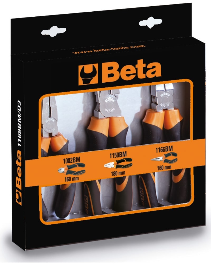 BETA - Assortimento di 1 pinza universale, 1 pinza becchi mezzotondi lunghi e 1 tronchese, impugnatura bimateriale cromati ASSORTIMENTI 2PINZE+1TRONCHESE BM/D3.