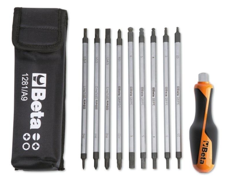 BETA - Assortimento di 9 giravite bivalenti e 1 impugnatura di manovra in astucci 9pz lame 1281 BG/A9.