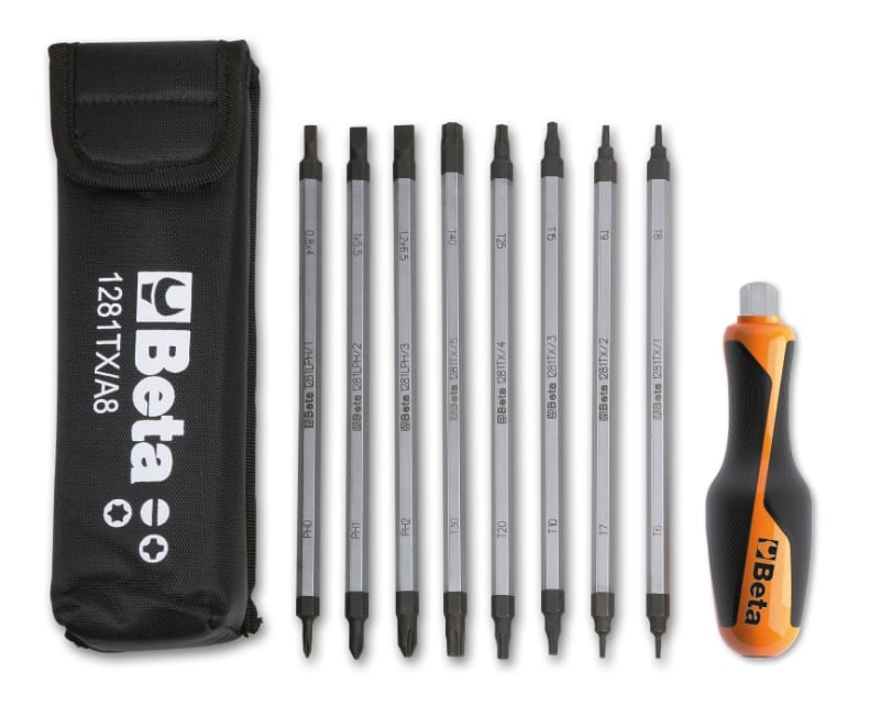 BETA - Assortimento di 8 giravite bivalenti e 1 impugnatura di manovra in astucci 8pz lame TX 1281 BG/A8.
