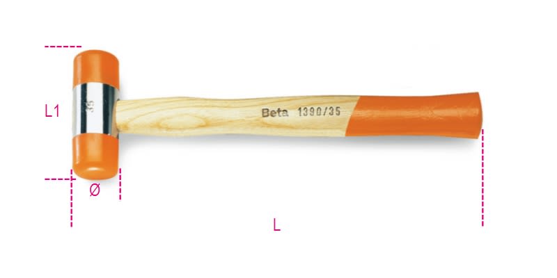 BETA - Mazzuole con battenti intercambiabili in poliuretano e manico in legno da 35 cm.
