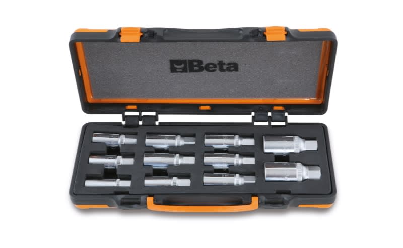 BETA - Serie di 11 estrattori a rulli per viti prigioniere con attacco quadro femmina 1/2" ed esagono di manovra in cassetta metallica con termoformato morbido.