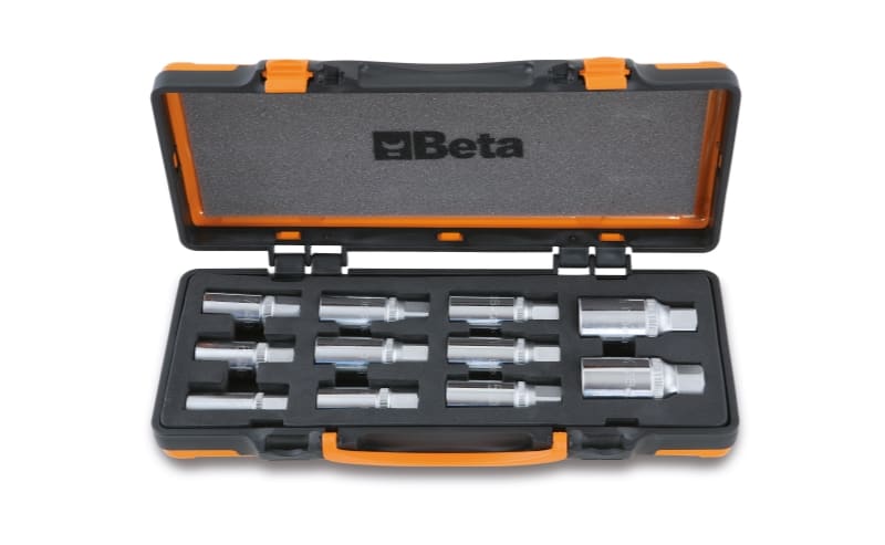 BETA - Serie di 11 estrattori a rulli per viti prigioniere con attacco quadro femmina 1/2" ed esagono di manovra in cassetta metallica con termoformato morbido.