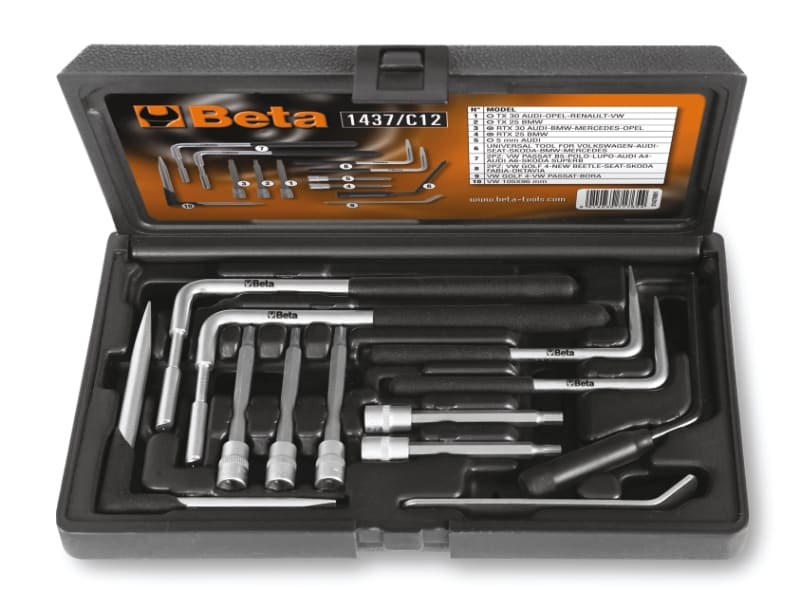 BETA - Assortimento 12 utensili per rimozione air bag in una pratica cassetta 12 pezzi per rimozione air bag.