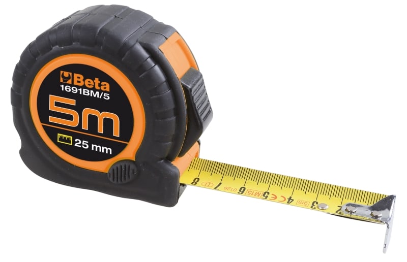 BETA - Flessometri cassa bimateriale in ABS antiurto nastro in acciaio classe di precisione II 5mt x 25mm