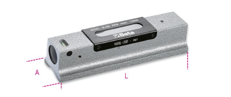 BETA - Livella lineare di precisione in ghisa con base prismatica rettificata a 2 fiale infrangibili in astuccio di legno 0,05 LIVELLE LINEARI PRECISIONE