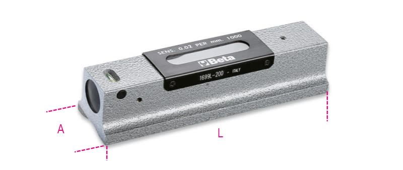 BETA - Livella lineare di precisione in ghisa con base prismatica rettificata a 2 fiale infrangibili in astuccio di legno, precisione 0,02 l/1.