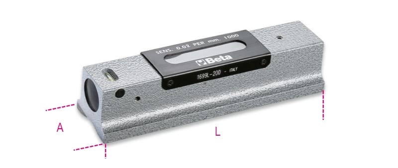 BETA - Livella lineare di precisione in ghisa con base prismatica rettificata a 2 fiale infrangibili in astuccio di legno, precisione 0,02 l/1.