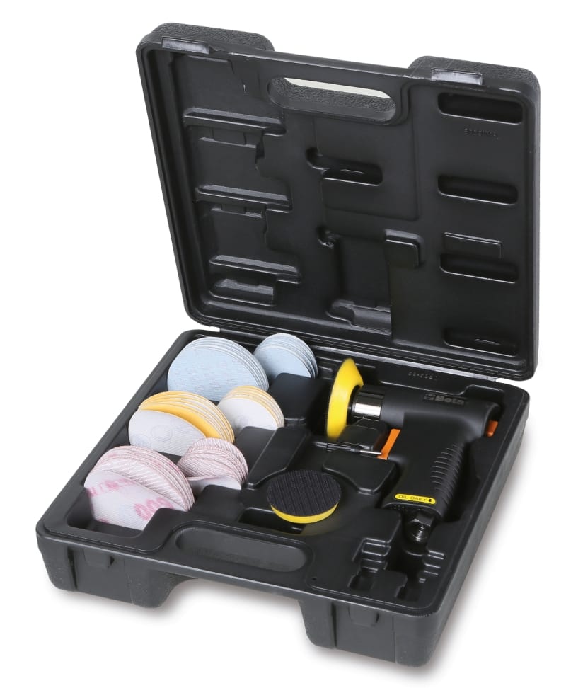 BETA - Mini levigatrice rotorbitale compatta e versatile, ideale per lavori di precisione. KIT mini levigatrici orbitali con accessori inclusi per una finitura perfetta su ogni superficie.
