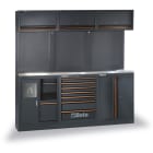 BETA - Combinazione arredo officina C45PRO con arredi pro a-2mt piano inox 3mod+pensili per un'organizzazione ottimale.