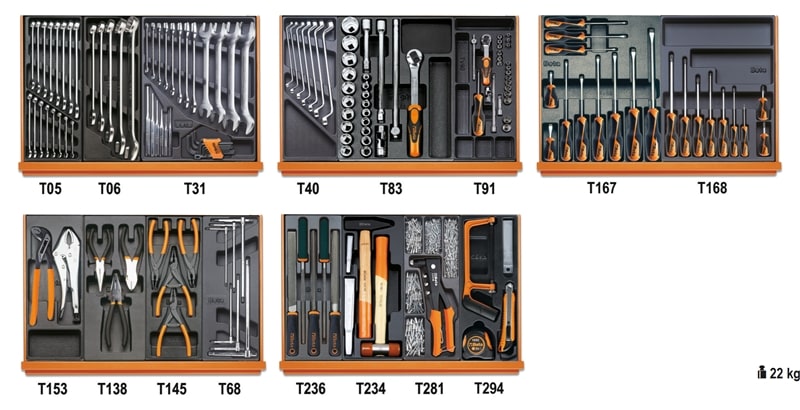 BETA - Assortimento di 153 utensili per manutenzioni industriali in termoformato rigido in ABS CONTENUTI 153 utensili C24S/SL-C39 CCVI/2T.