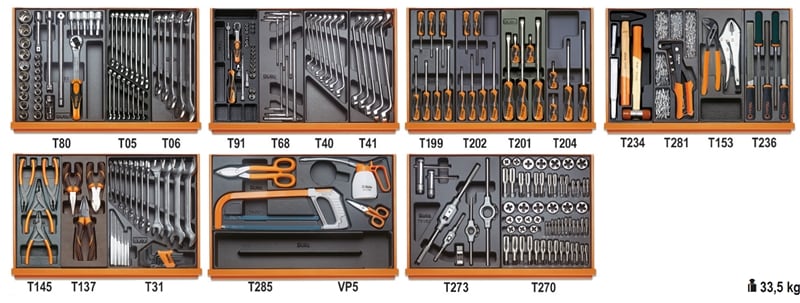 BETA - Assortimento di 232 utensili per manutenzioni industriali in termoformato rigido in ABS, contenuti 232ut per c28 ccvi/2t.