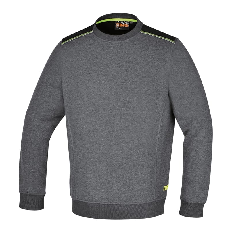BETA - Felpa girocollo cotone grey con inserti neri sulle spalle, dettaglio verde fluo, taglia M.