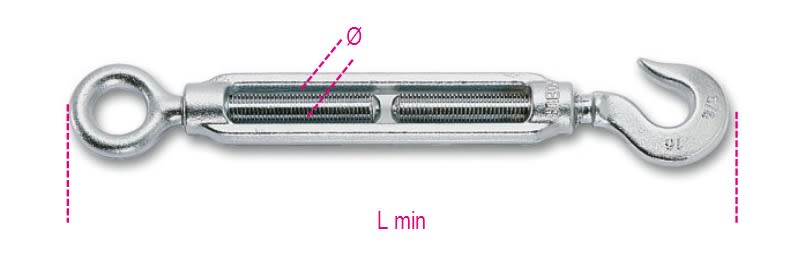 BETA - Confezioni appendibili con tenditori occhio gancio 5/16 Z K-M8, ideali per fissaggi sicuri e resistenti.