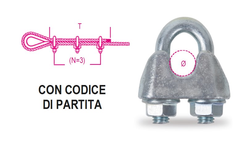 BETA - Confezioni appendibili con 4 morsetti zincati UNI EN 13411-5 misura K-6,5 per un fissaggio sicuro e resistente.