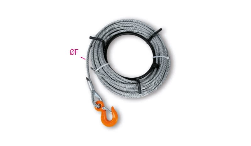 BETA - Fune a trefoli in acciaio zincato avvolta su crociera con gancio alta resistenza, funi con gancio 0,8 t x 50m.