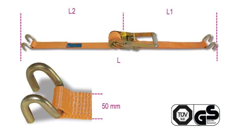 BETA - Sistema di ancoraggio a cricchetto LC 2500kg nastro in poliestere ad alta tenacità ganci sponda CRICCHETTI 50 GANCI SPONDA 2500KG-MT8,5.