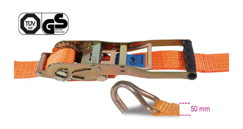 BETA - Sistemi di ancoraggio a cricchetto inverso a leva lunga LC 2500kg nastro in poliestere ad alta tenacità ganci a uncino, cricchetti 50 a leva lunga 2500kg-MT6,5.