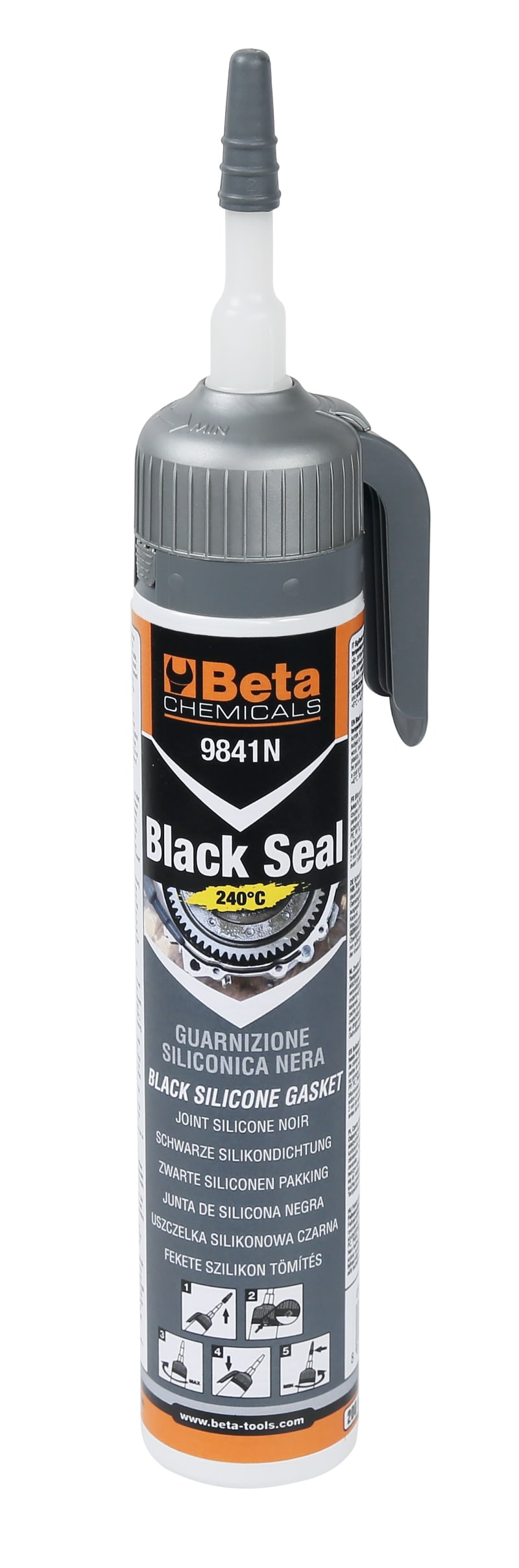 BETA - Sigillante siliconico nero a reticolazione acetica, resistente ad alte temperature, con pratico erogatore a pressione, press. pack pasta silic.nera 200 ml(1-2).