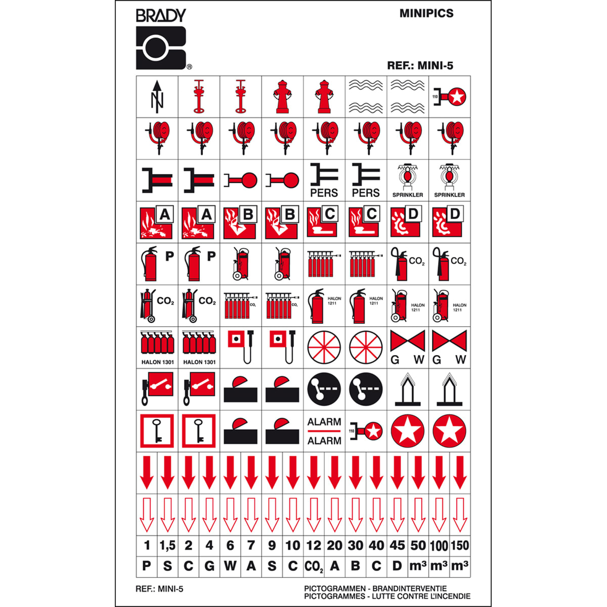BRADY - Mini 5 - 96 segnale, mini-pittogrammi: attrezzature antincendio.