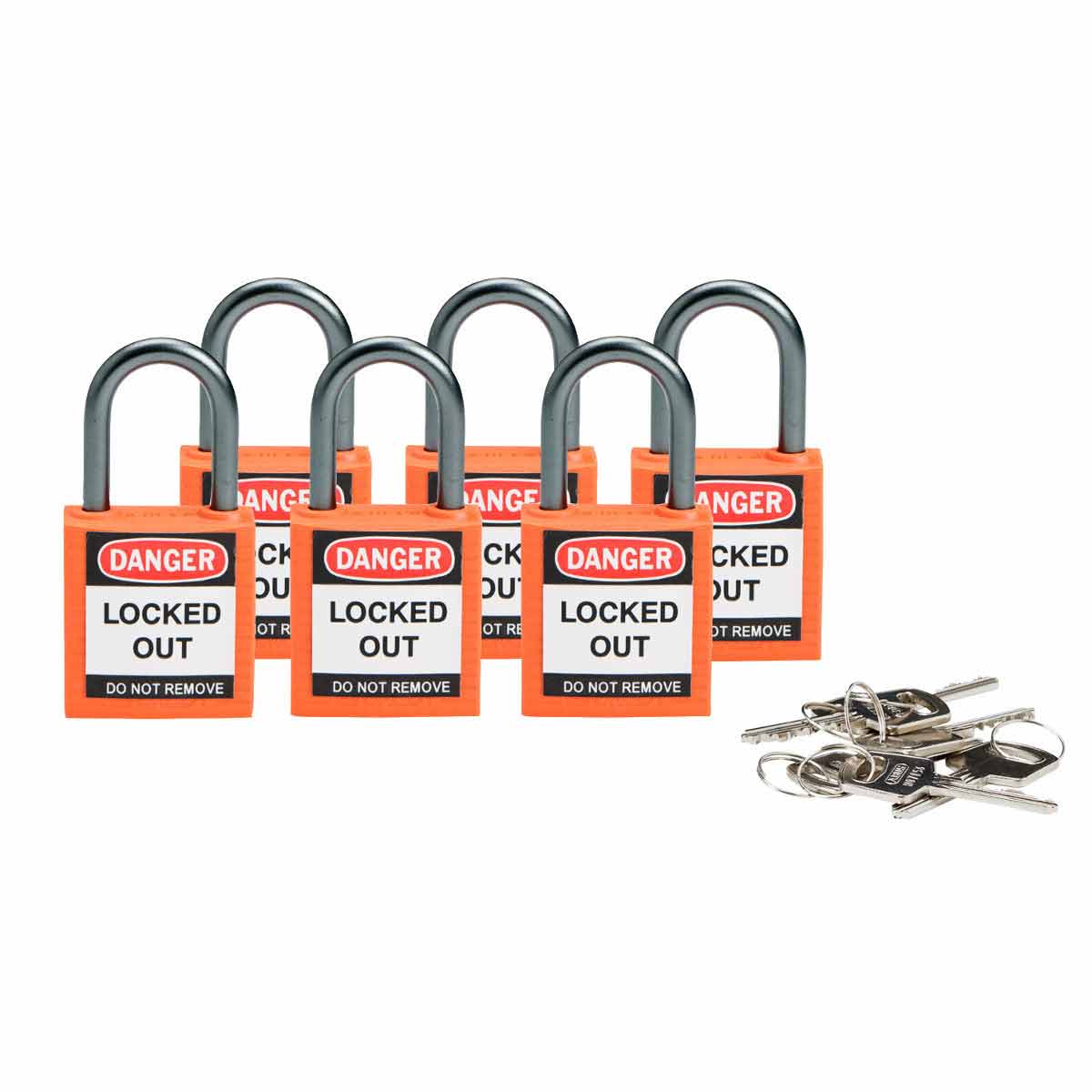 BRADY - Lucchetti per lockout compatti Brady - 6 pezzi, arco 25 mm, chiavi diverse.