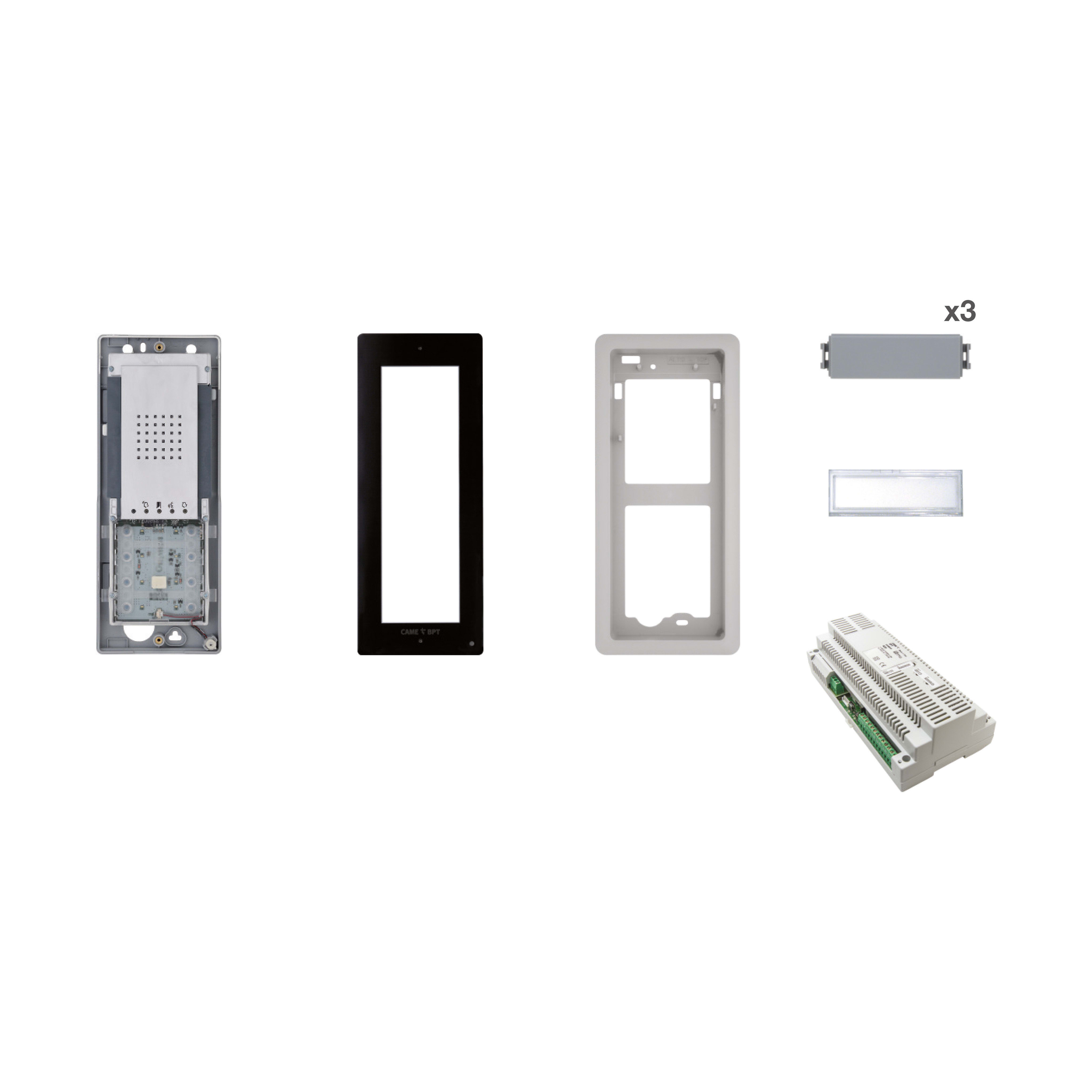 BPT - Kit base impianto citofonico espandibile fino a 98 derivati interni composto da posto esterno Thangram DC/01 ME, alimentatore A/01, audio 230V.