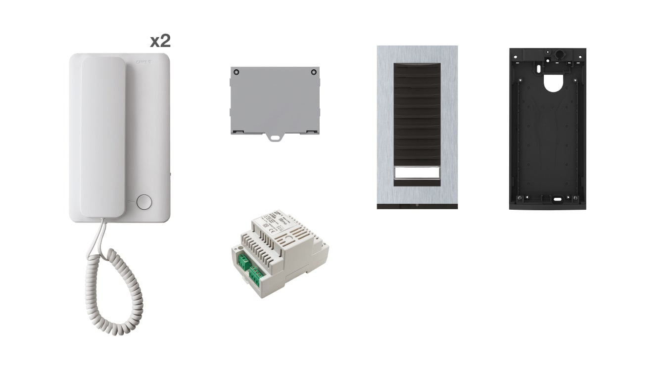 BPT - Kit citofonico bifamiliare AGT A200 con Targha, 2 citofoni a parete, 2 pulsanti di chiamata, alimentatore A/200R. AGT2K200A03.