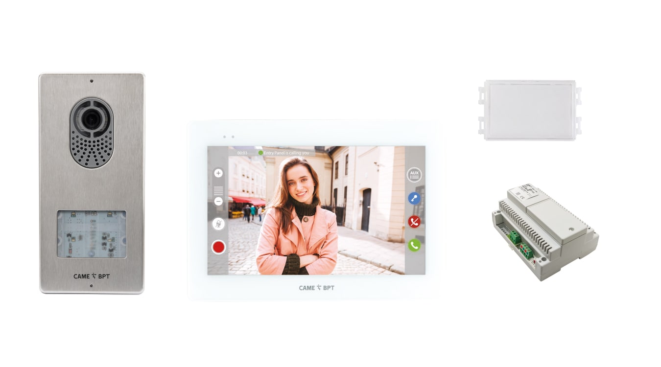 BPT - Kit videocitofonico monofamiliare XTS 7 bianco con Wi-Fi, app su smartphone, posto esterno LVC/01, alimentatore VAS/100.30, pulsante chiamata. 8K40CF-008