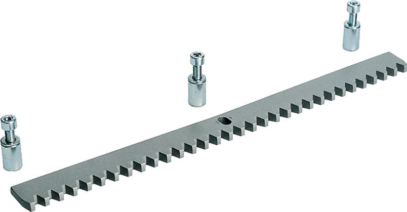 CAME - Cremagliera modulo 4 zincata in acciaio laminato 30 x 8 mm con fori, distanziali per fissaggio.