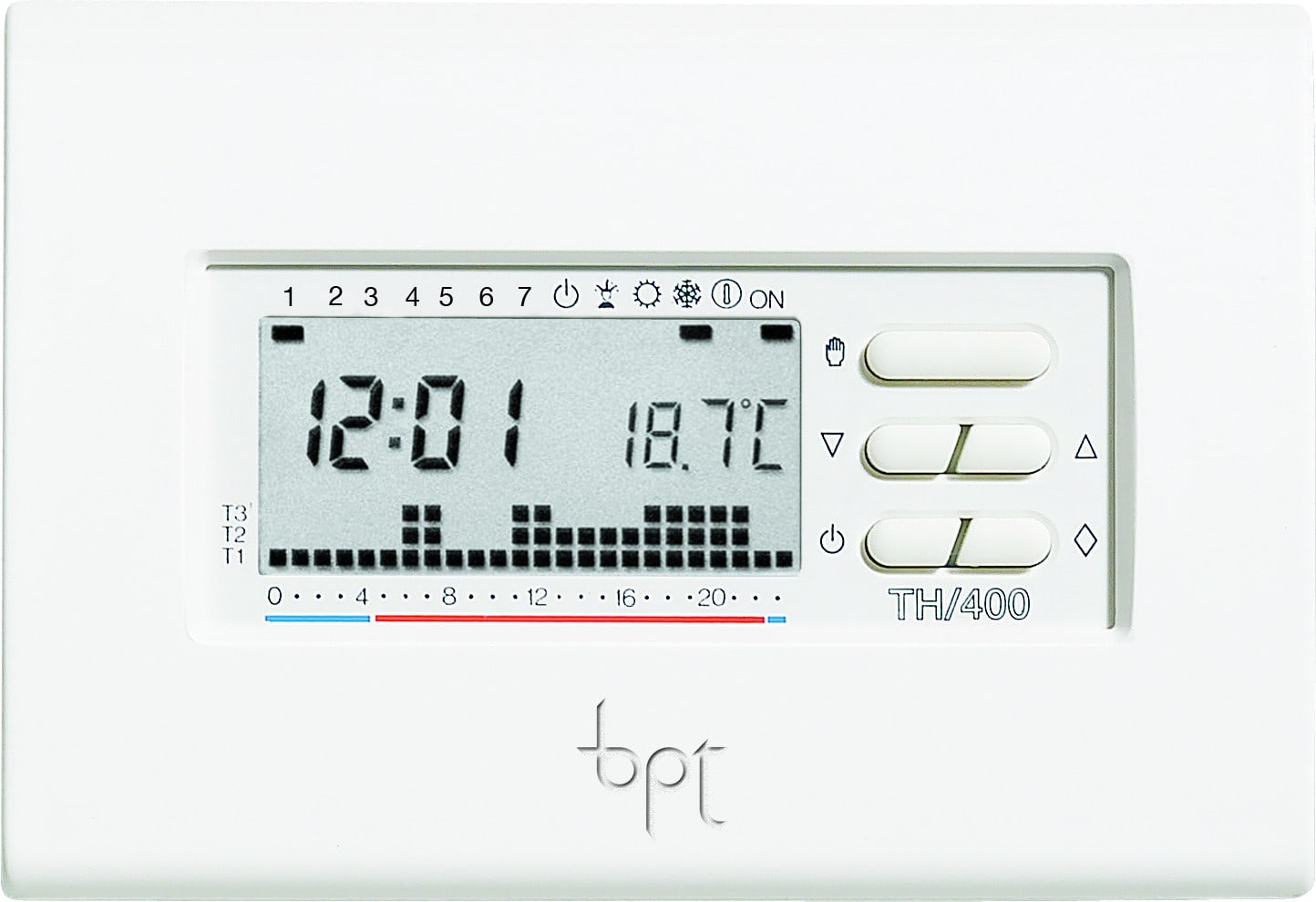 BPT - Cronotermostato digitale settimanale a parete colore bianco alimentazione a batterie 3x1,5V (AAA) TH/400 BB-TERMOPROGRAMMATORE.