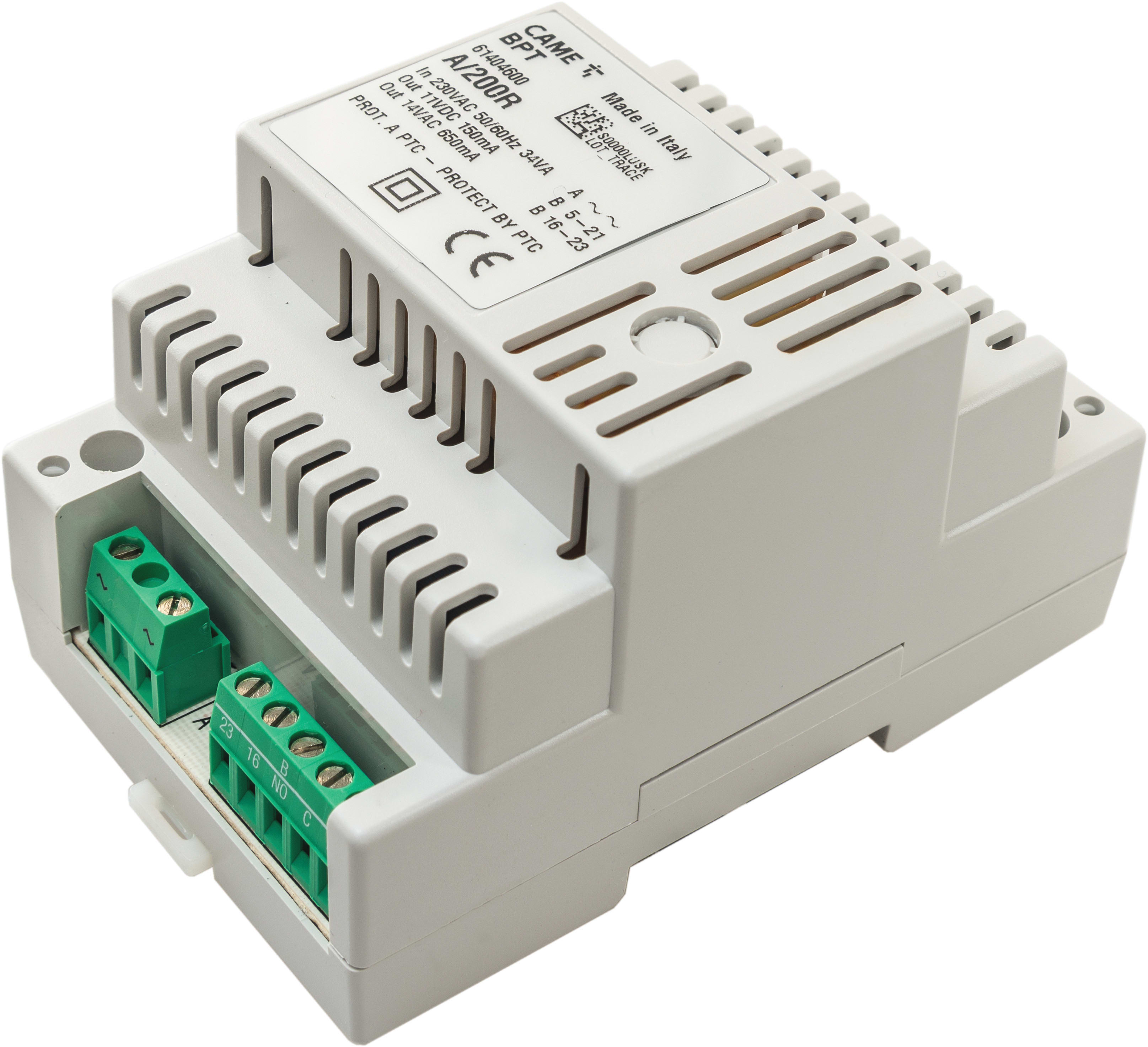 BPT - Contenitore plastico per quadri elettrici (EN50022) 4 moduli DIN basso, 2 note chiamata bitonali, alimentatore 230V, IP30.