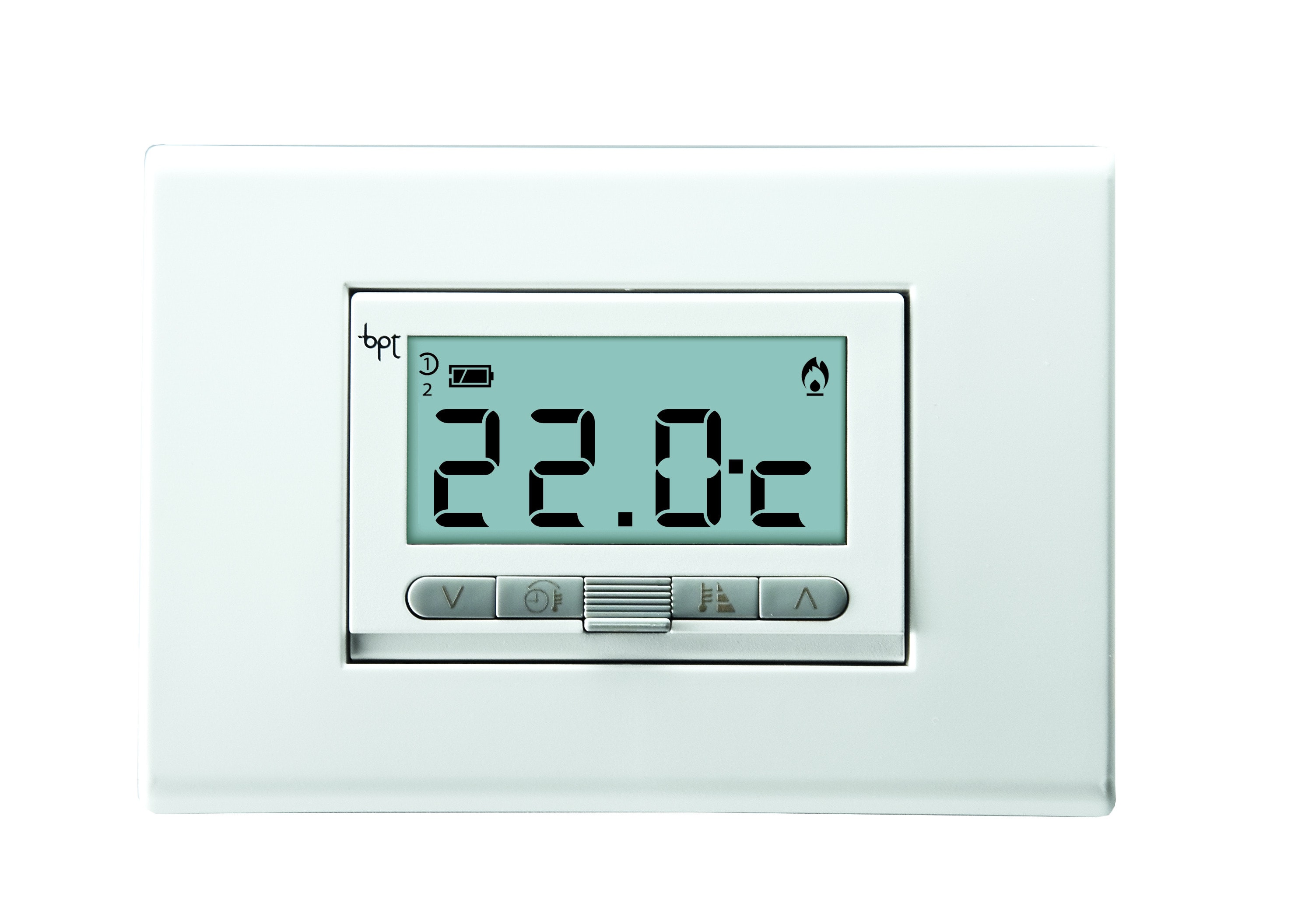 BPT - Termostato digitale da incasso con 2 cover intercambiabili bianco e grigio Antracite, alimentazione a batterie 3x1,5V (AAA) TA/350 ambiente.