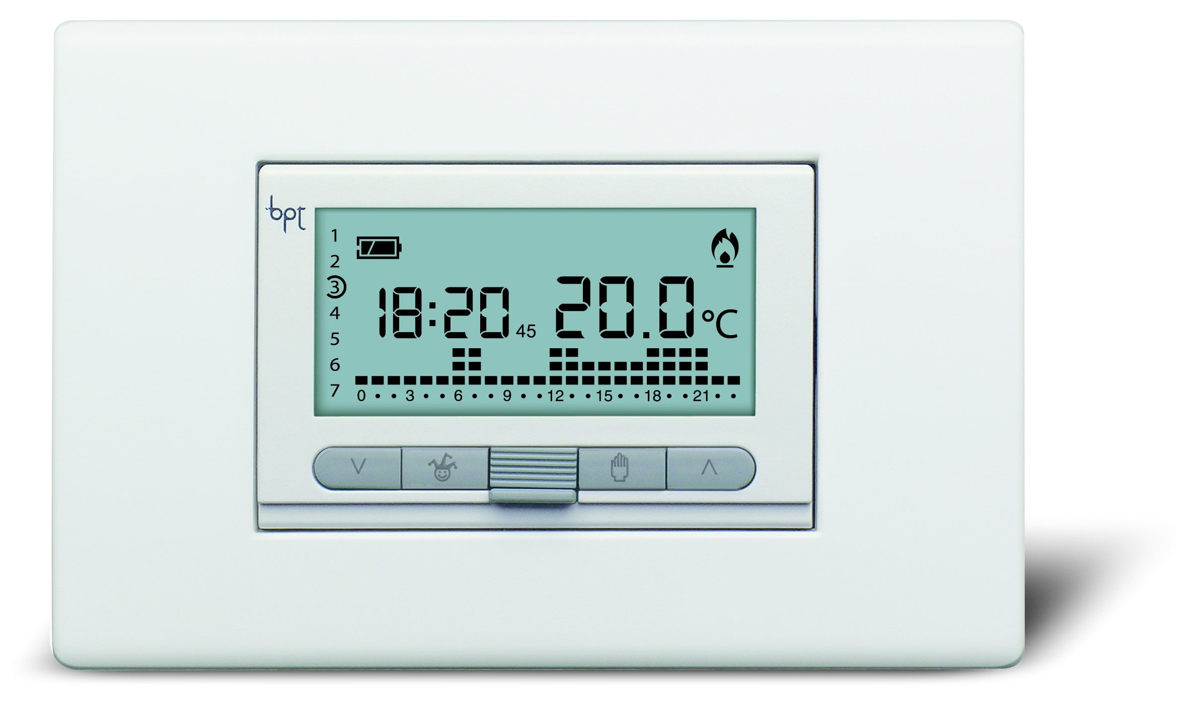 BPT - Cronotermostato digitale settimanale da incasso, cover bianco, alimentazione a batterie 3x1,5V (AAA), TH/350-TERMOPROGRAMMATORE.