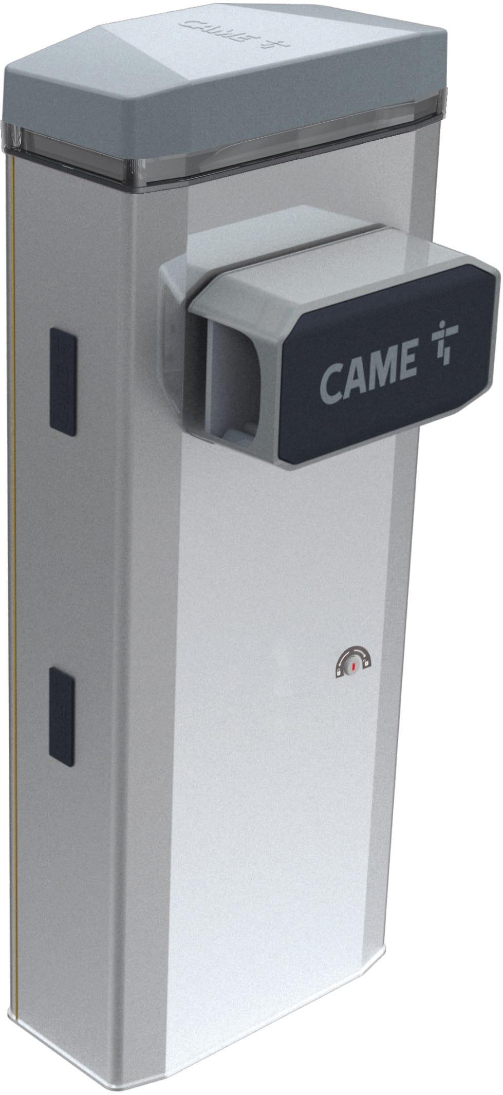 CAME - Barriera automatica GGT80AX6 con motoriduttore irreversibile a 24V DC, armadio in acciaio AISI 316 satinato e molle di bilanciamento incluse.