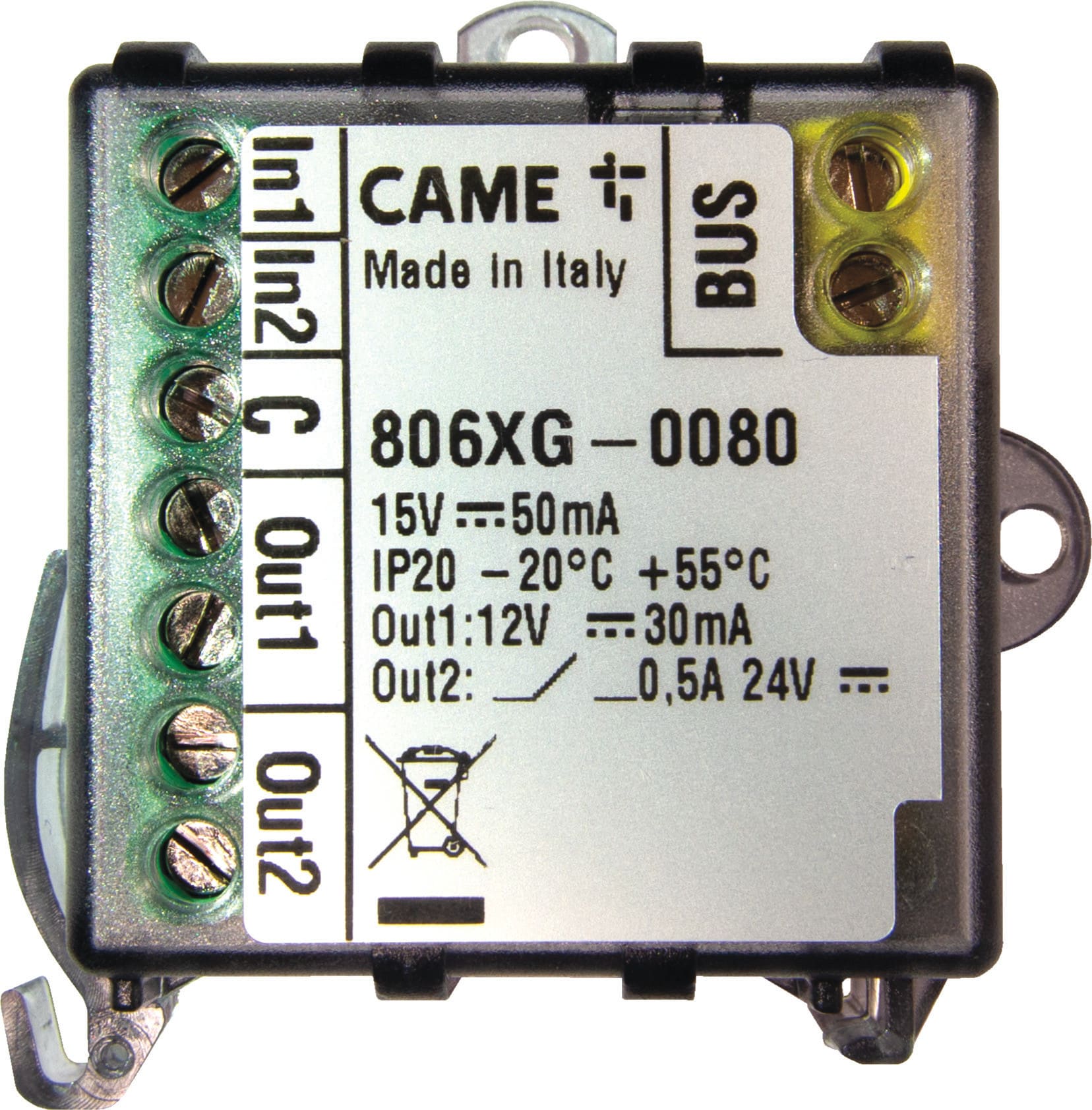 CAME - Modulo di espansione BUS con 2 ingressi e 2 uscite, configurabili in NO, NC o resistiva (8K2), uscita spia e relay.