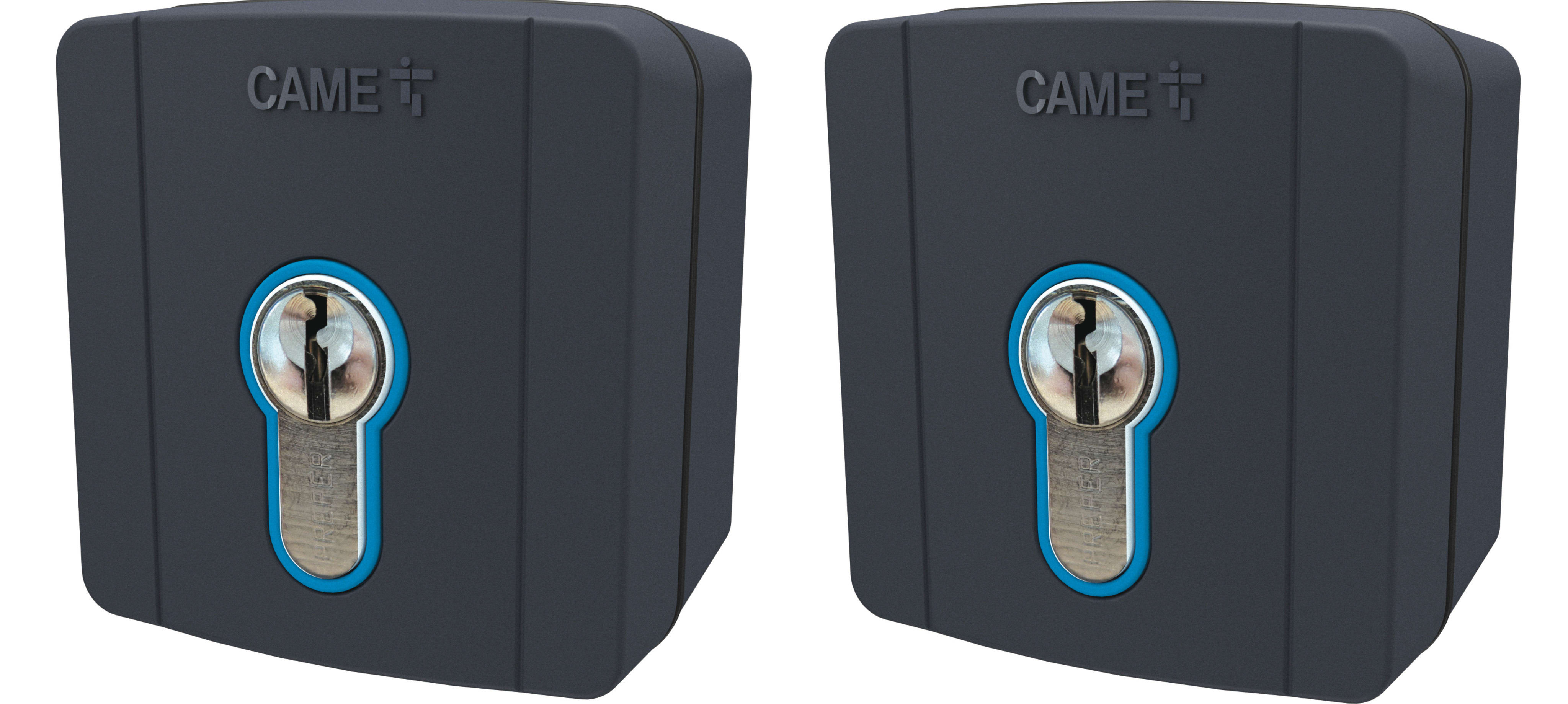 CAME - Kit con 2 selettori a chiave esterni, retroilluminazione blu, cilindro serratura DIN, colore grigio RAL7024.