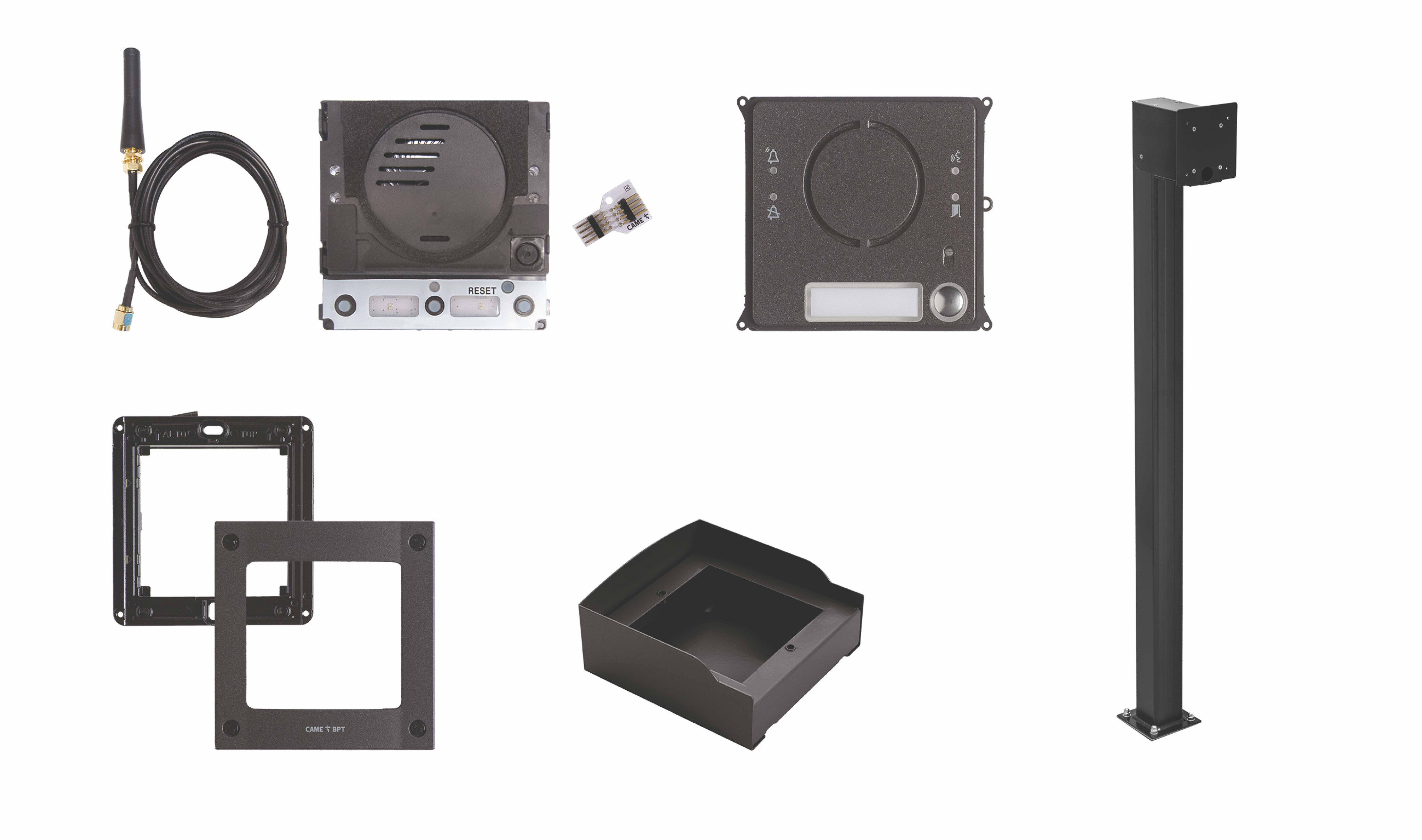 BPT - Kit citofonico con modulo 4G Connect, pulsante chiamata, gateway cloud CAME Connect, accessori anti-vandalici, colonnina alluminio nera.