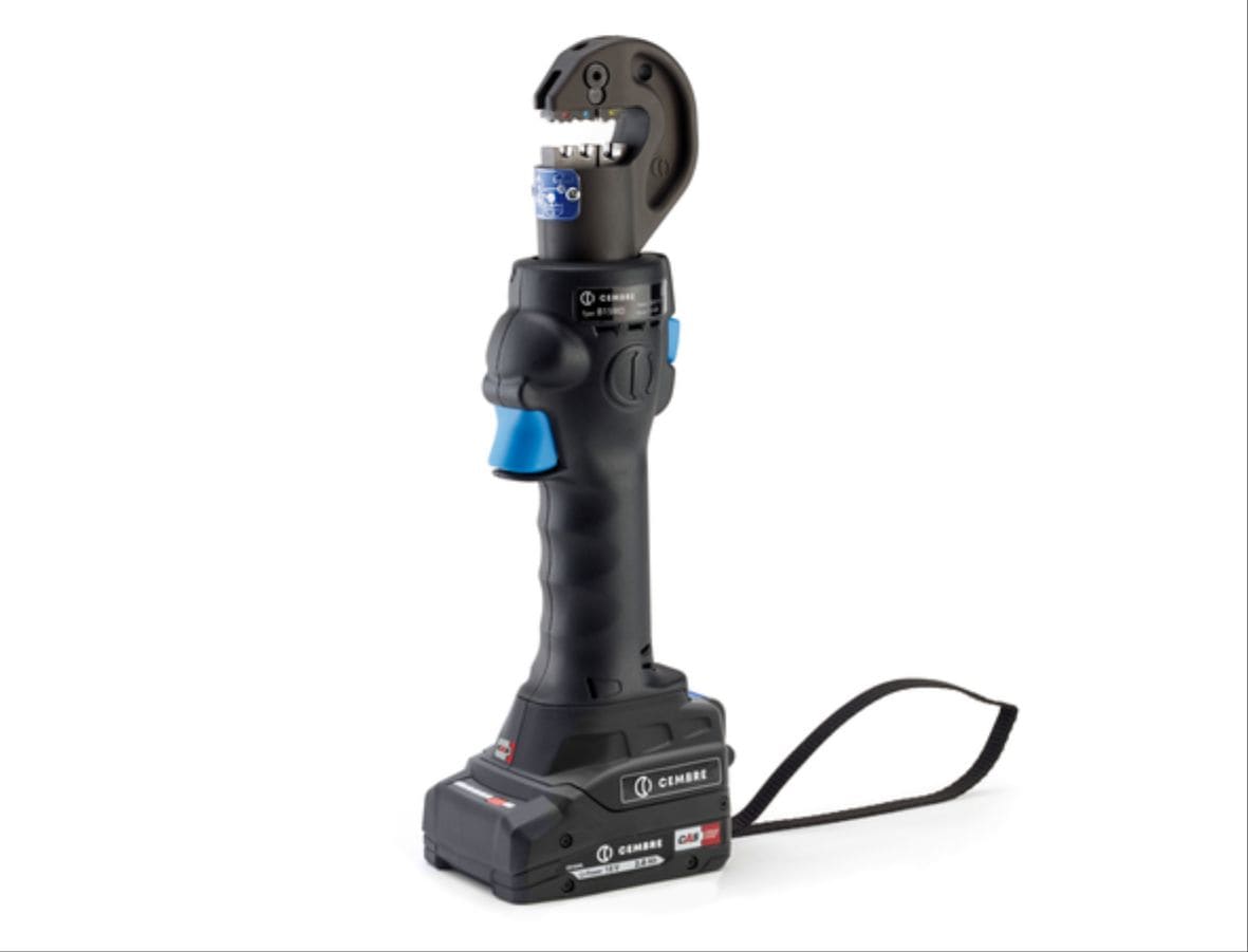 CEMBRE - Utensile oleodinamico a batteria per la compressione, da 15kN, bi-linear, con testa a C aperta, per connettori elettrici fino a 35 mmq, 0,25 - 16 mmq.